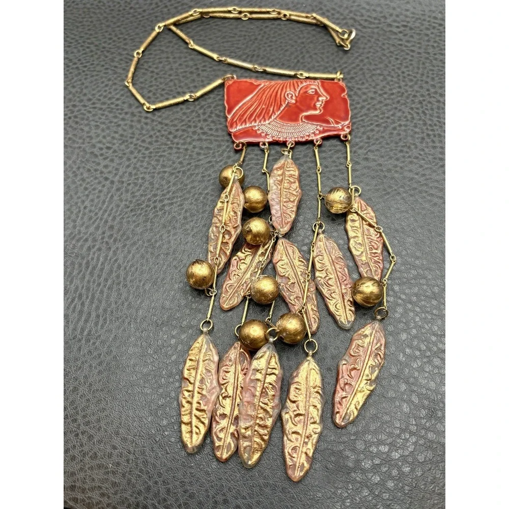 Vintage Lady Face Egyptian Revival Red Huge Waterfall Fringe Dangle Necklace 18